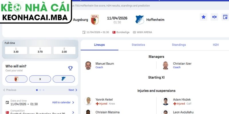 Soi kèo Augsburg vs Hoffenheim (01:30 11/04, Bundesliga) 3 Kèo châu Á trận Augsburg vs Hoffenheim (01:30 11/04, Bundesliga)