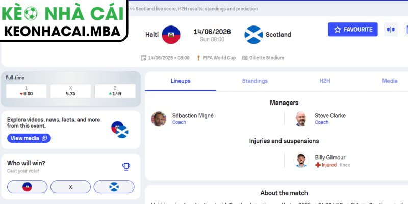 Dự đoán kết quả trận Haiti và Scotland (08:00 14/06, Bảng C - World Cup 2026)
